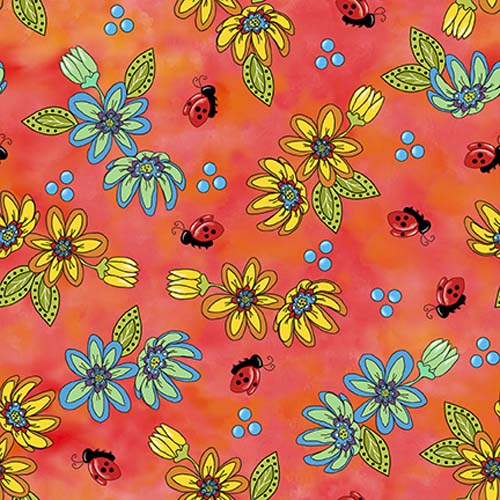 Whimsical Quilter - Floral - Papaya - tossed flowers & ladybug on coral