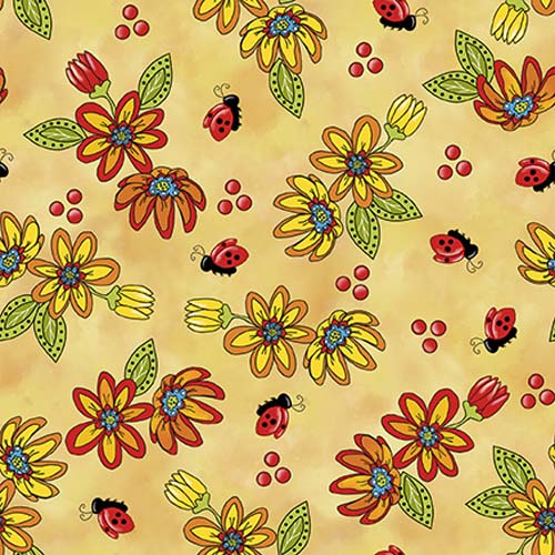 Whimsical Quilter - Floral - Butterscotch - tossed flowers & ladybugs on yello