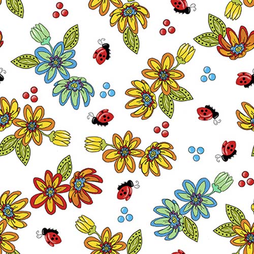 Whimsical Quilter - Floral - White - tossed flowers & ladybugs on white
