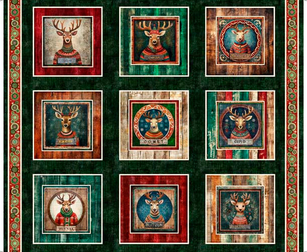 Santa's Workshop - PANEL 1 yd.- Reindeer Picture Patches - 9 reindeer patches