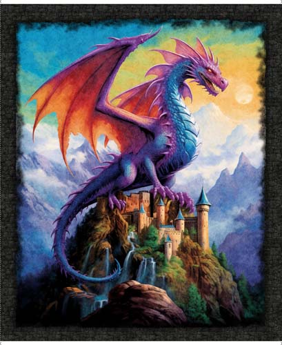 Dragon's Song - Dragon PANEL - 1 yd. - Multi - Large dragon and castle