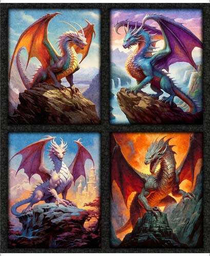 Dragon's Song - PANEL 1 yd. - Dragon Patch - 4 smaller dragon panels
