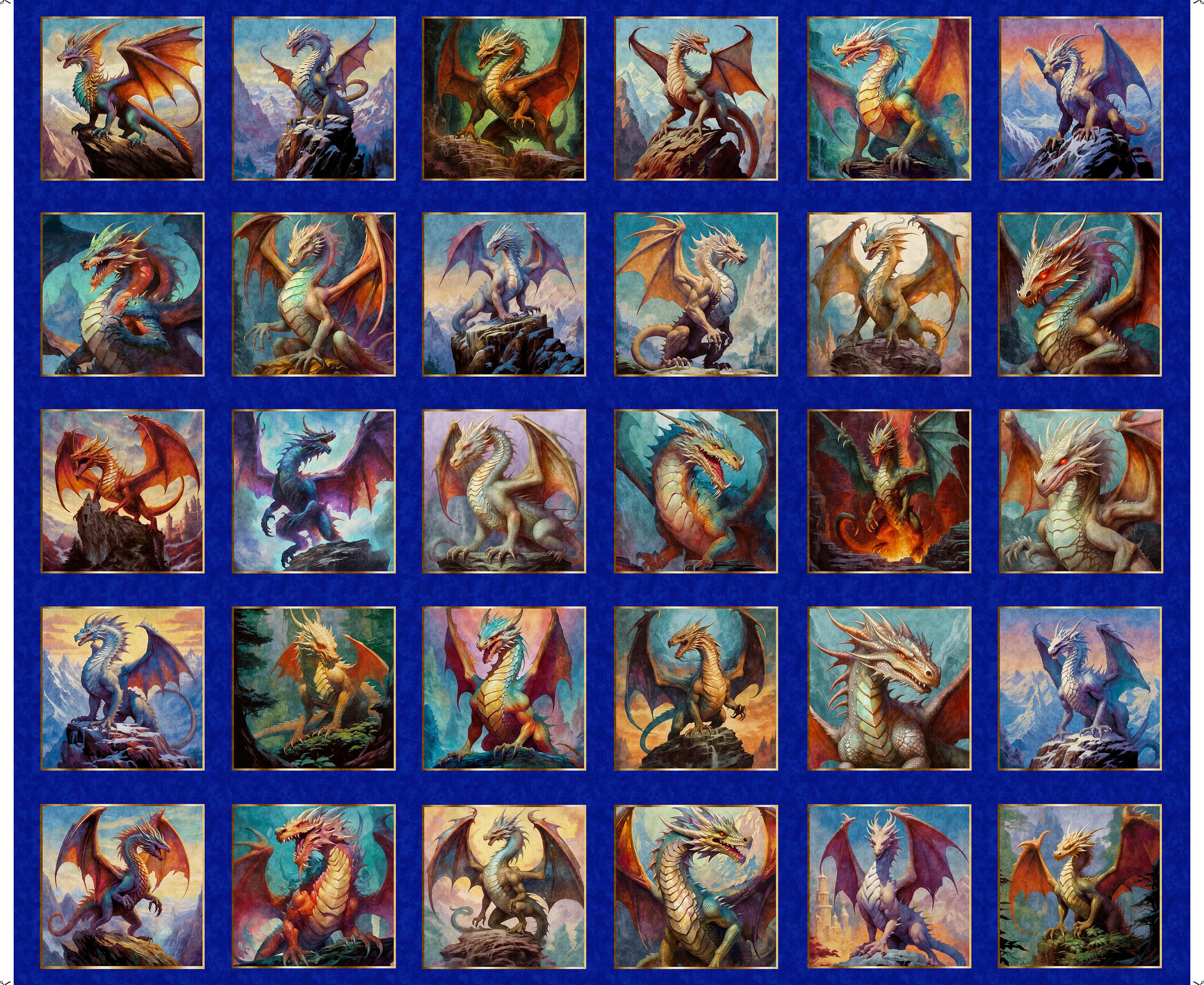 Dragon's Song - PANEL 1 yd. -- Dragon Blocks - Royal - 30 six inch blocks (119)
