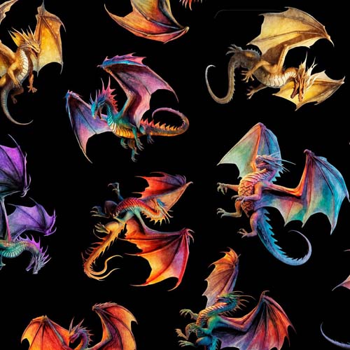 Dragon's Song - Tossed Dragons - Black - colorful tossed dragons on black