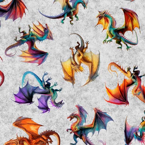 Dragon's Song - Tossed Dragons - Gray - colorful tossed dragons on gray