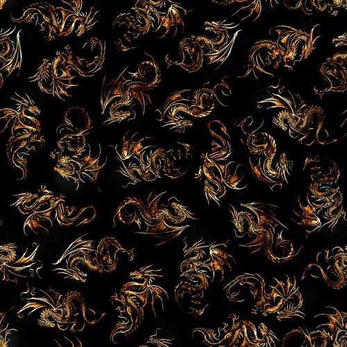 Dragon's Song - Dragon Linocut - Black - small gold dragons on black