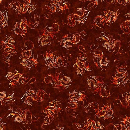 Dragon's Song - Dragon Linocut - Brick - Small orange dragons on dark red