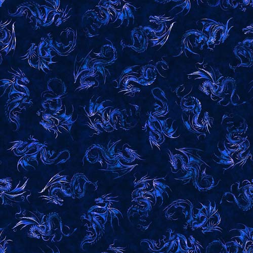 Dragon's Song - Dragon Linocut- Royal - small blue dragons on dark blue
