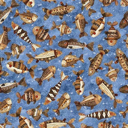 Bearsville - Fish - Blue - tossed brown fish on blue