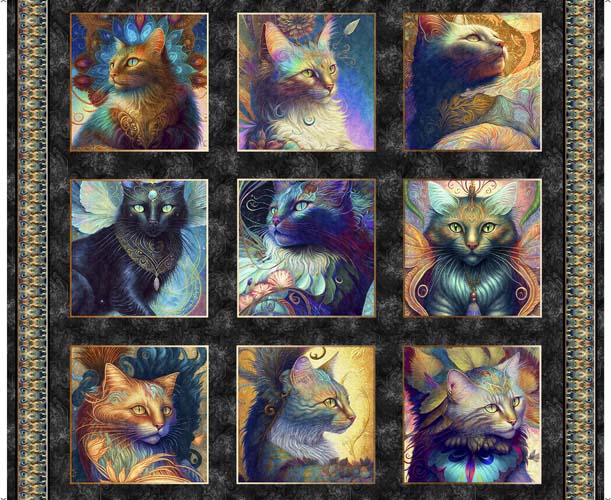 Feline Fantasia - 1yd. PANEL - 9 10in. Cat Patches - fantasy cats