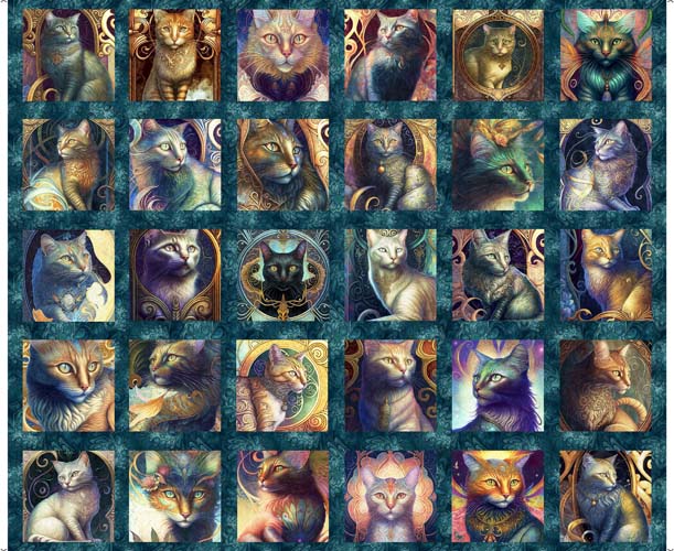Feline Fantasia - 1 yd. PANEL- 30 6in. Cat picture patches - fantasy cats