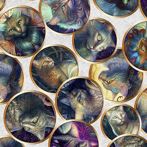 Feline Fantasia - Cat Circles- Lt. Gray - round fantasy cat portraits on gray