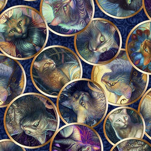 Feline Fantasia - Cat Circles- Navy - round fantasy cat portraits on blue