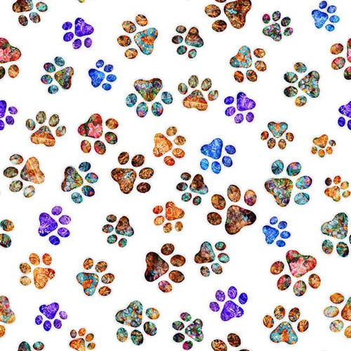 Feline Fantasia - Paw Prints -White - colorful paw prints on white