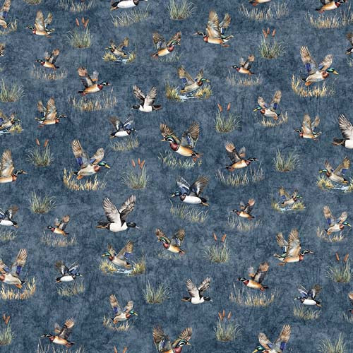 Forest, Field, and Stream - Ducks - Steel Blue -flying ducks in marsh on blue