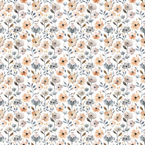 Cuties 2 - Floral - White - tossed blue gray & peach floral on white