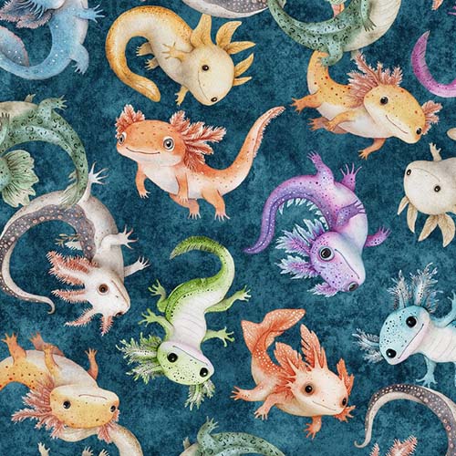 Cuties 2 - A Lotta Axolotl - Teal - tossed salamanders on teal