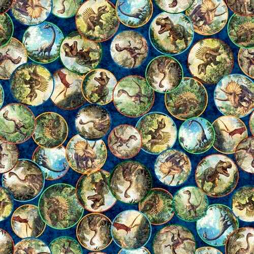 Savage Kingdom - Dinosaurs Medallions - Navy - dinosaur circles on blue