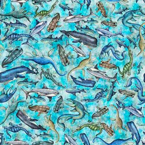 Savage Kingdom - Underwater Dinos - Turquoise - aquatic dinosuars on turquoise