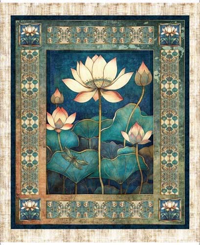 Serenity - 1yd. PANEL Lotus Flower - Multi - Art Deco lotus flower (16)