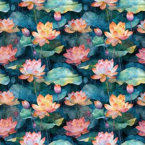 Serenity - Lotus Flower Allover - Multi - peach & pink flowers on dark teal