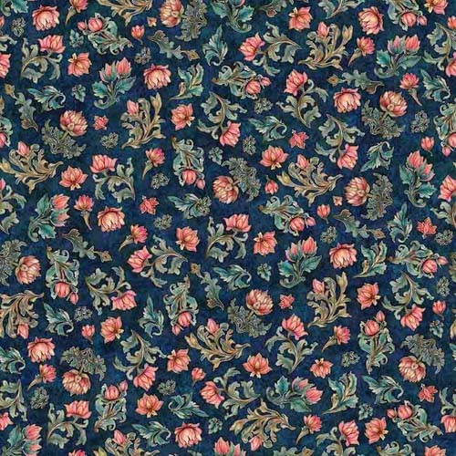 Serenity - Lotus Flower Toss - Navy - pink flowers tossed on dark blue