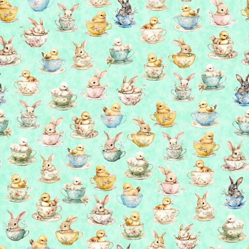 QT Cuties 3 - Bunnies & Chicksin Teacups - Lt. Aqua