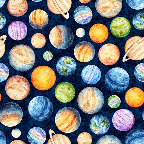 QT Cuties 3 - Planets - Midnight - tossed planets on dark blue