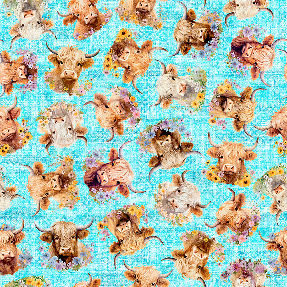 Udderly Adorable - Highland Cow w/Floral - Lt. Turquoise