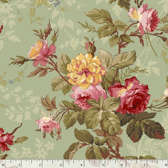 Kathleen's Story - Large Floral - Sage - pink, yellow & blue floral on green