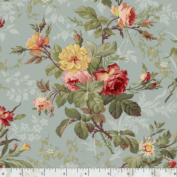 Kathleen's Story - Medium Floral - Blue - pink, blue & yellow floral on blue