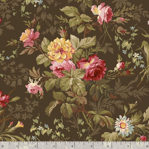 Kathleen's Story - Medium Floral - Brown - pink, yellow & blue floral on brown