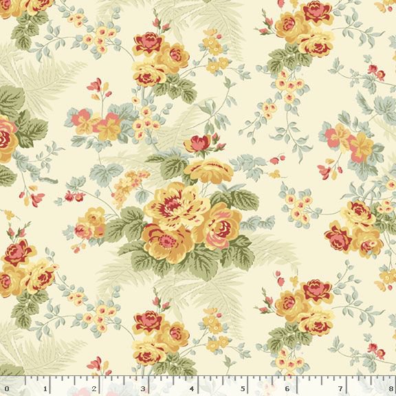Kathleen's Story - Bouquet - Cream - gold, blue & red floral on cream