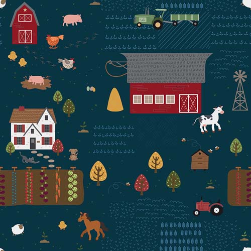 Country Life - Main - Evening-  Farm fields, house & barn on navy