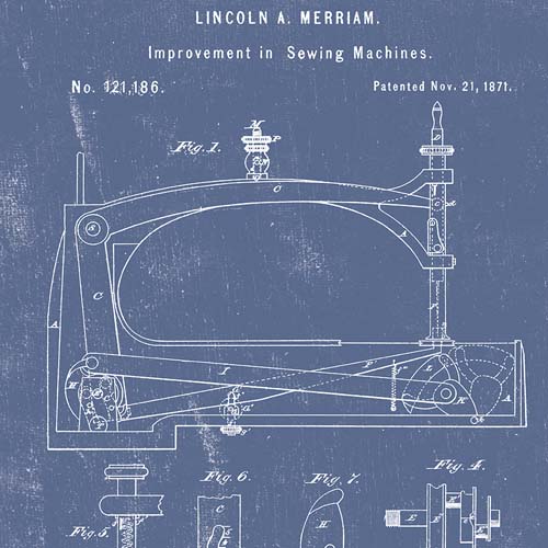 Sew Journal - Sewing Machine Patent - Denim - white drawings on blue
