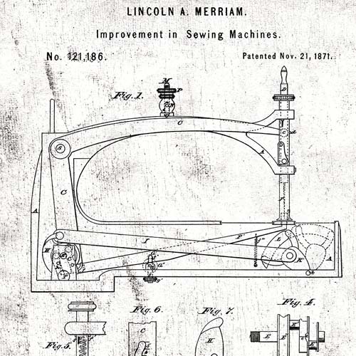 Sew Journal - Sewing Machine Patent - White- black drawings on white