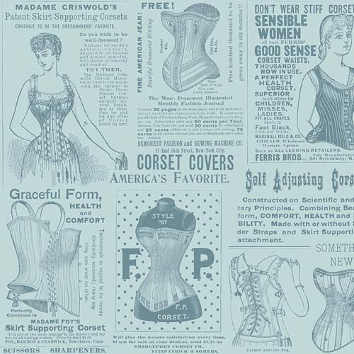 Sew Journal - Vintage Corset Ads - Blue - tone on tone blue