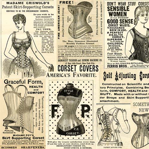 Sew Journal - Vintage Corset Ads - Parchment - black print on pale yellow
