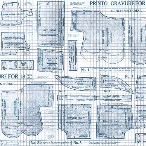 Sew Journal - 18in. Doll Pattern - Denim - blue on white pattern pieces