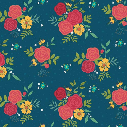Market Street - Main - Clusters of flowers - Navy - red & yellow flowers on blue