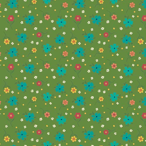 Market Street - Flowers- Green - turquoise, yellow & pink flowers on green