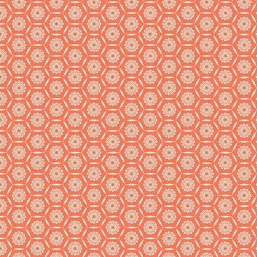 Market Street - Hexagons - Coral - cream hexagon with flowers on coral