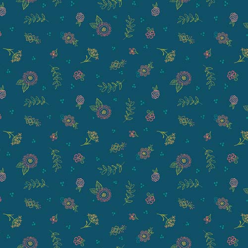 Market Street - Embroidery -Navy -  colorful line flower drawings on blue