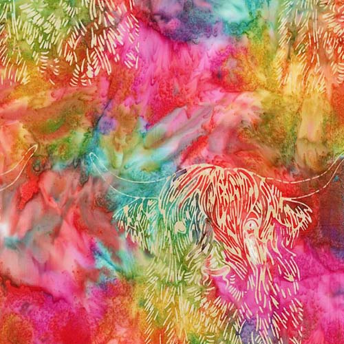 Expressions Batiks A Touch of Celtic - Rainbow Sherbet - highland cow on rainbo