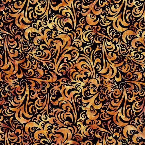 Elementals Batik - Twirl & Swirl - Alani - Gold flourish on black