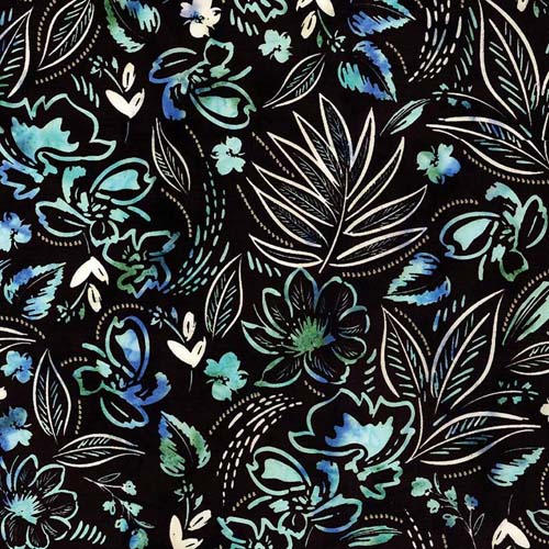 Chalk & Charcoal Batiks - Stardust Splash -blue, green & white floral on black