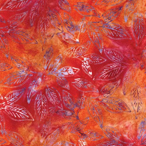 Chalk & Charcoal Batiks -Coral Fiesta - purple leaves on red & orange