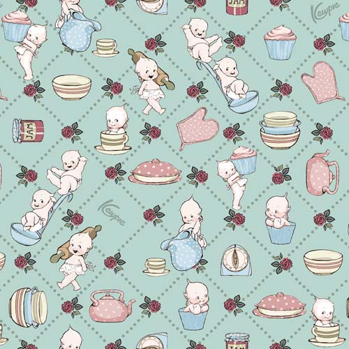 Sew Kewpie - Kooks - Songbird - kewpie dolls with kitchen items on aqua