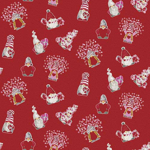 Gnomes in Love - Toss - Red - tossed valentine gnomes on red