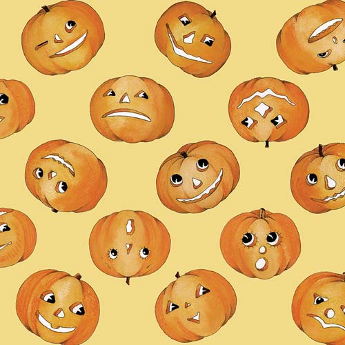 Pumpkin Patch - Tossed Jacks -Yellow - grinning jack o lanterns on yellow